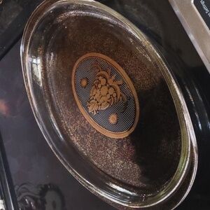Pirex Vintage Oval Glass Serving Platter with Gold Floral Design